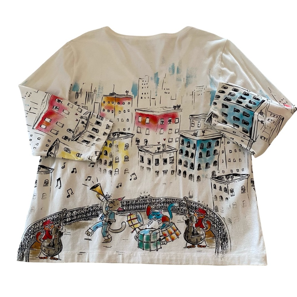Chico’s Bling Cat Cityscape Top White Chico’s Size 2/Large - Picture 2 of 5